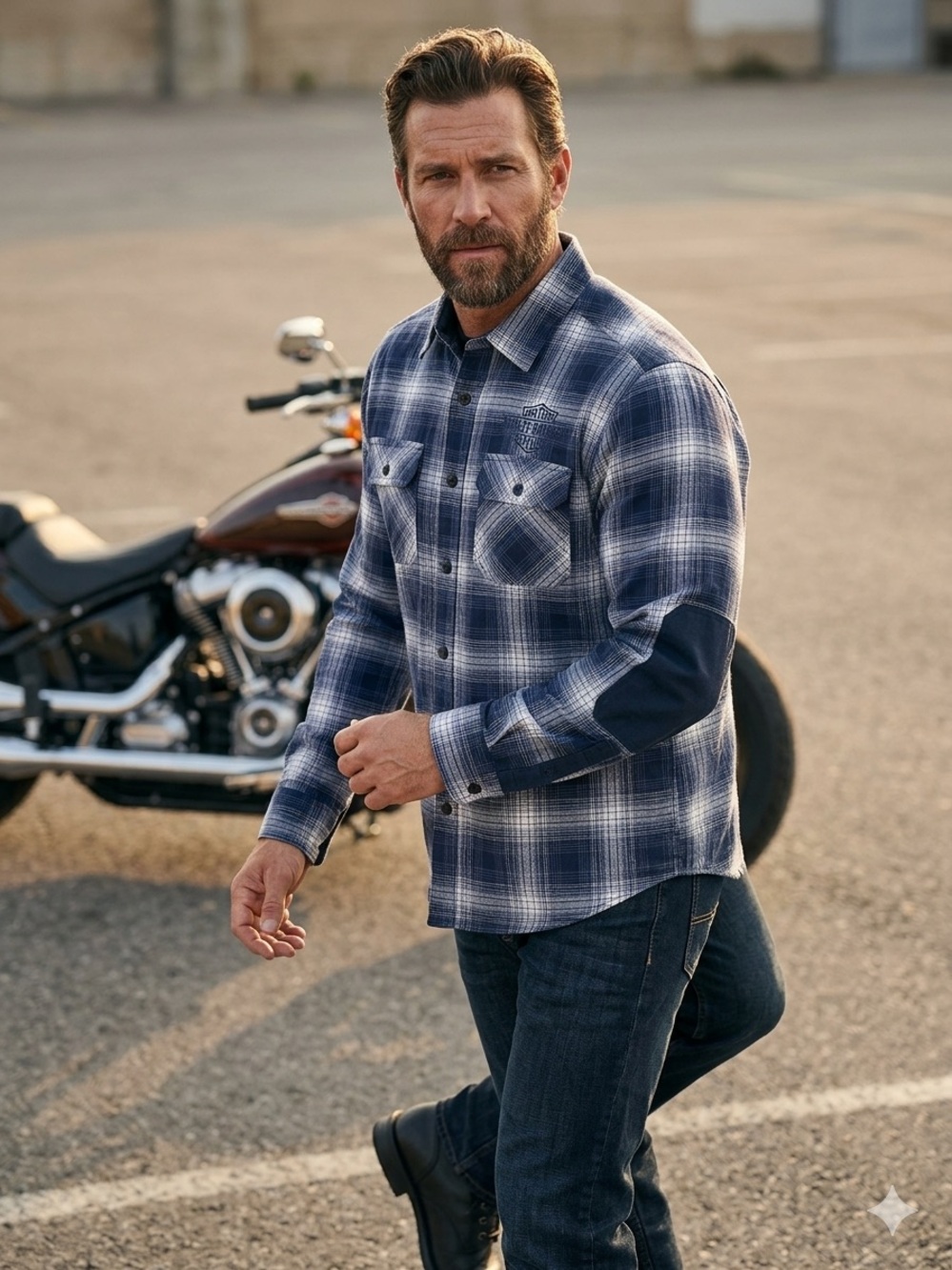 Harley-Davidson Men's XL Blue Plaid Flannel Shirt Embroidered Back Elbow Patches